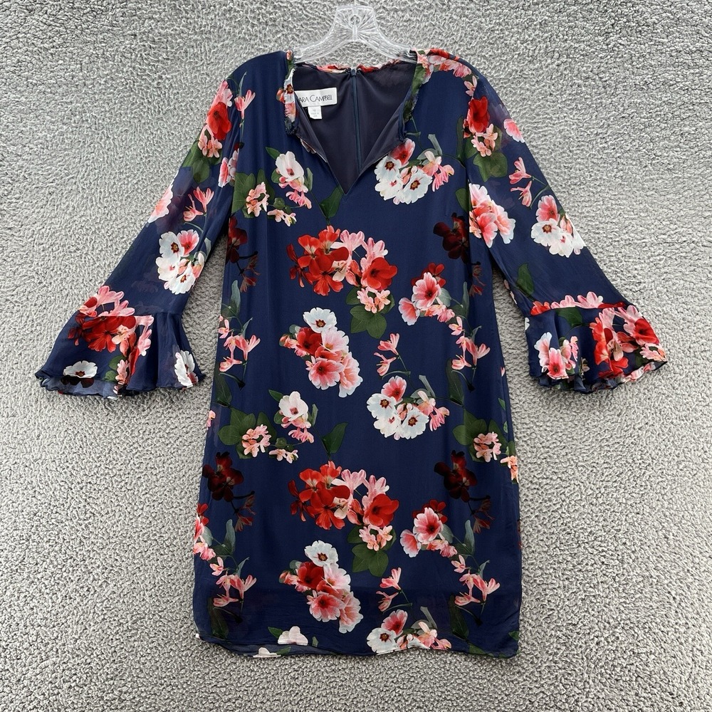 Sara Campbell Dress Womens 12 Blue Floral Knee Length Bell Ruffle Sleeve USA